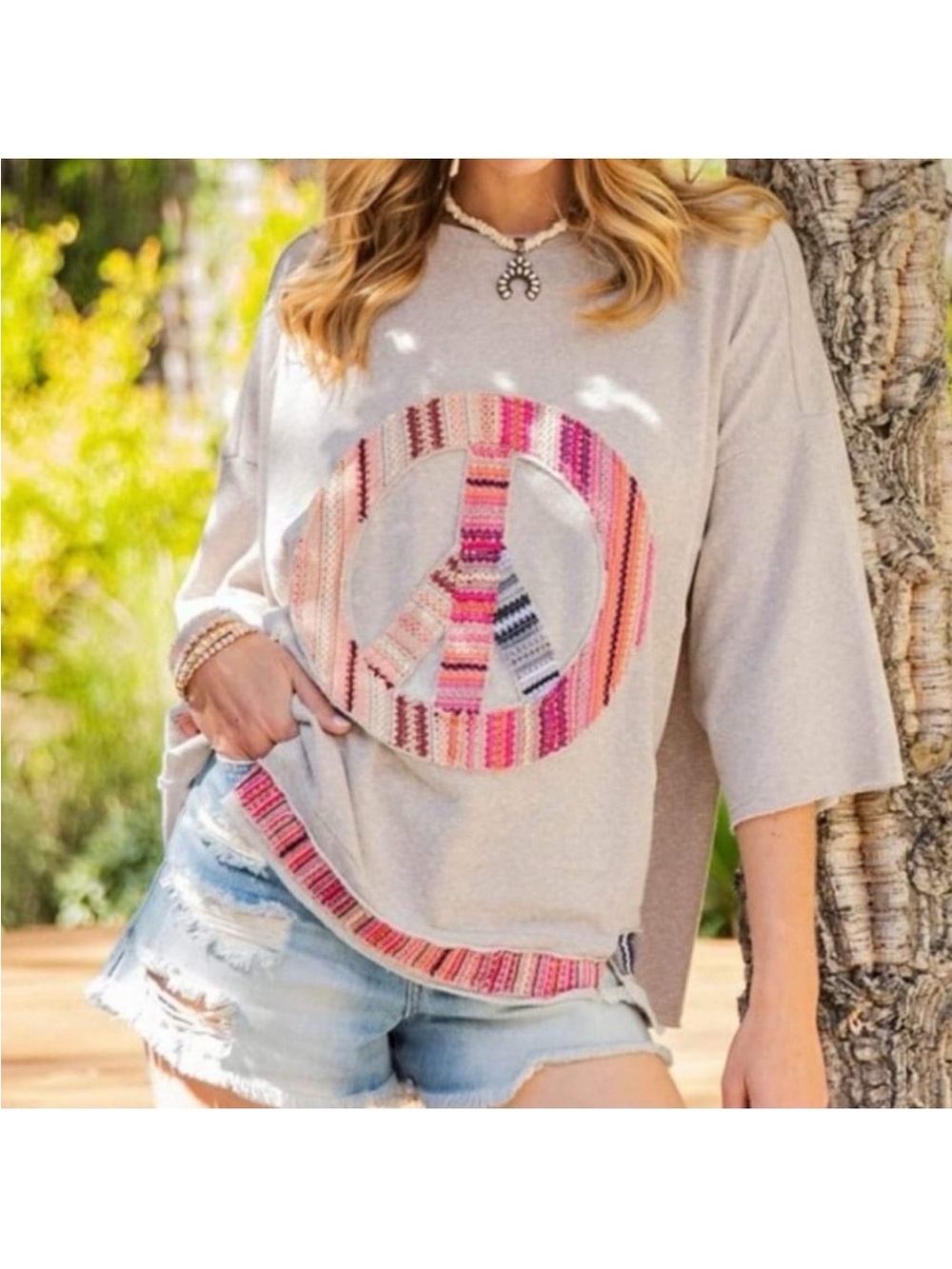Easel Oatmeal Top With Patchwork Peace Sign Size S Boho Hippie Festival